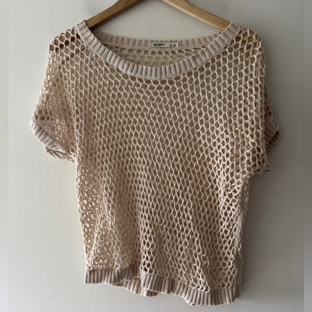 Old Navy Open Knit Crochet‎ Cream Pullover Sweater 100% Cotton